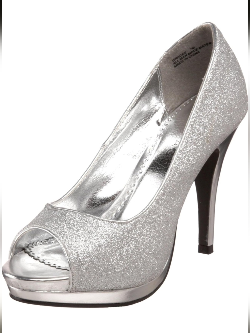 Rampage Gracee Peep-Toe Synthetic Silver Heels- 7
